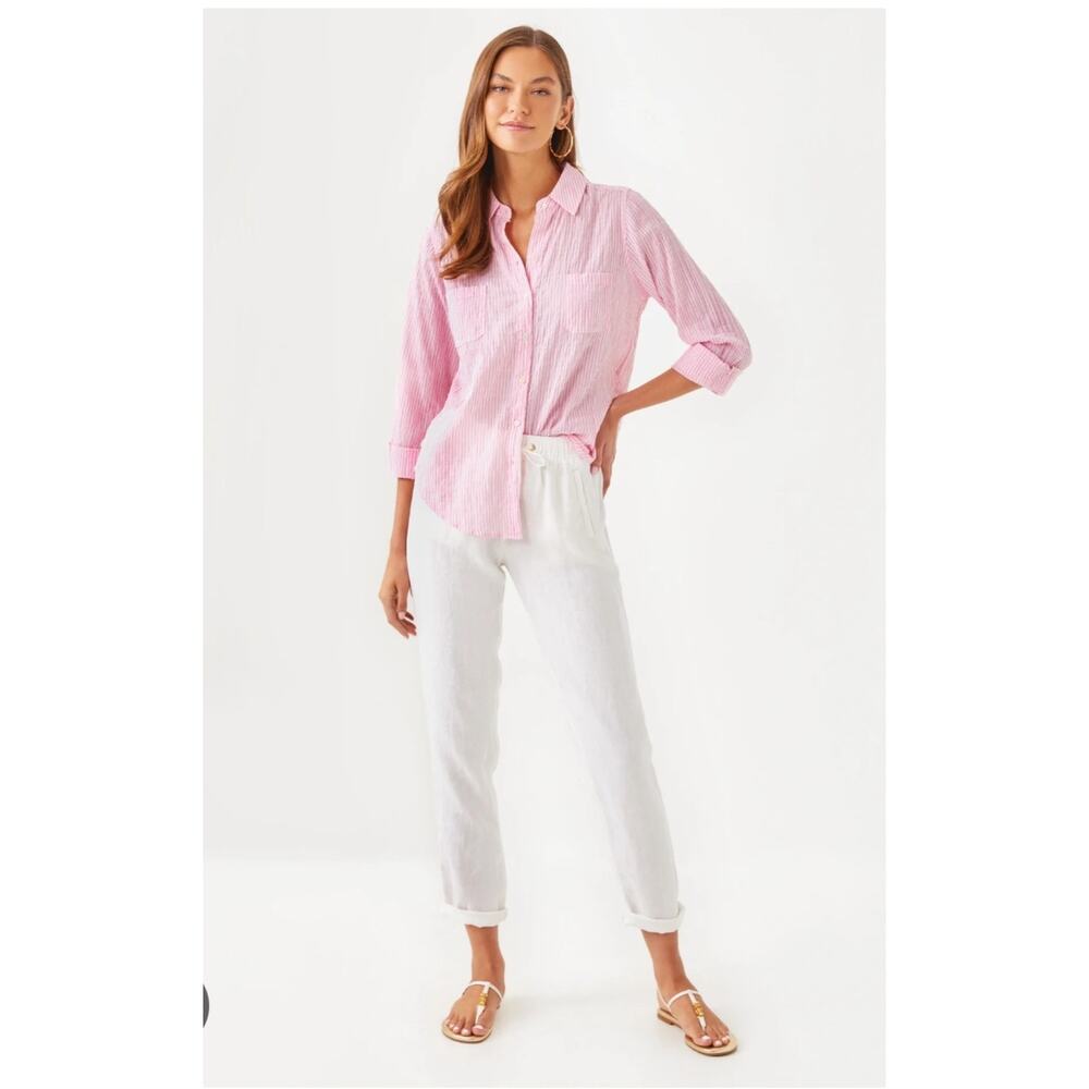 Lilly Pulitzer Women's Pink White Sea View Long sleeve Button Down Shirt Sz‎ XXS
